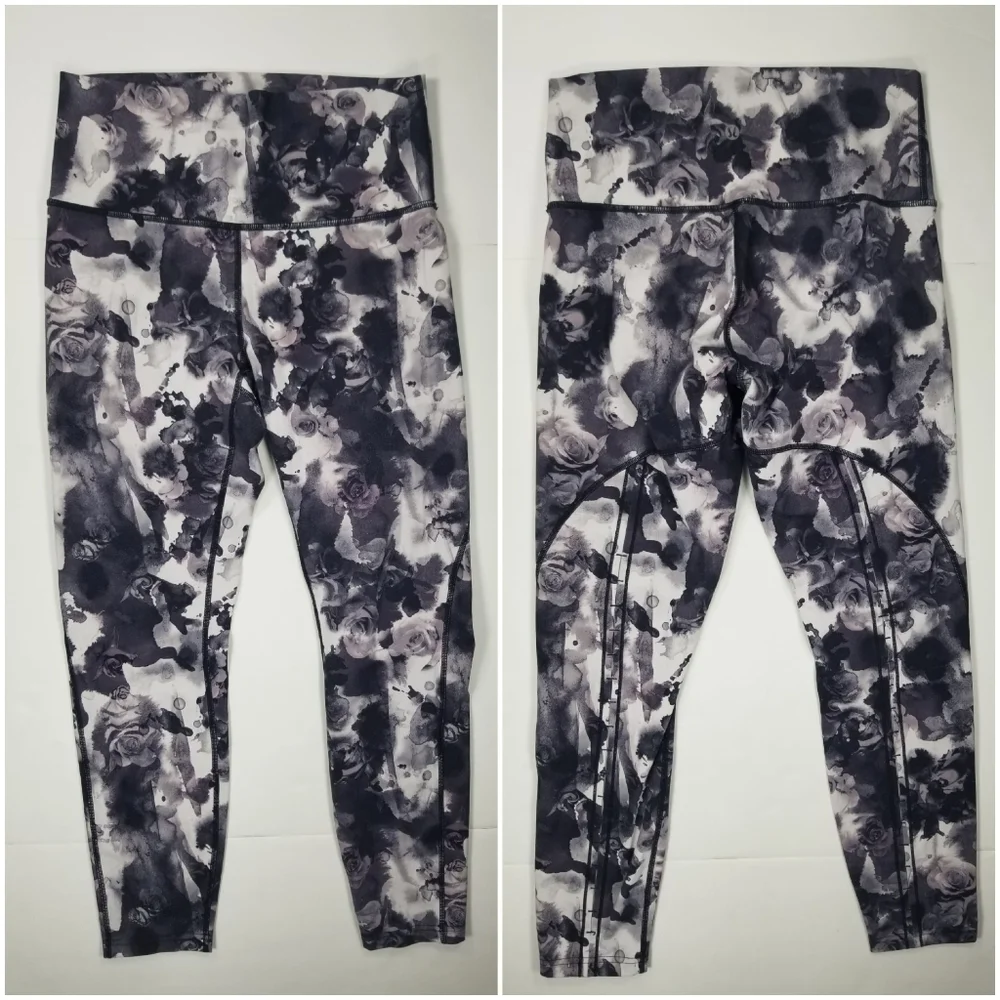Lululemon Sz 8 Leggings High Rise Back Leg Stitch Gray Floral